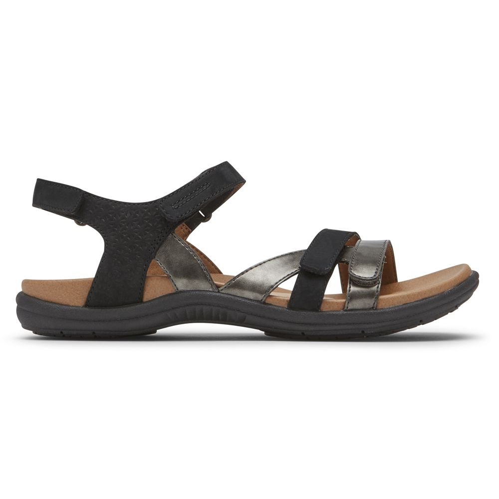 Rockport Women's Cobb Hill Rubey 3-Strap Sandals - Black - USA (5482DPUFI)